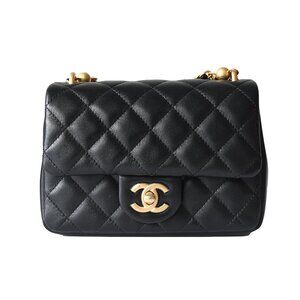 Chanel Shiny Lambskin Quilted Pearl Twist Square Flap Bag Gold Hardware Black